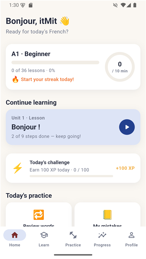 Bonjourney home screen showing daily streak and continue-learning card