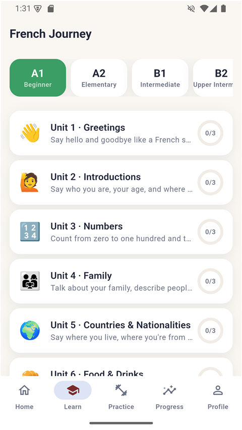 Learn tab with CEFR levels